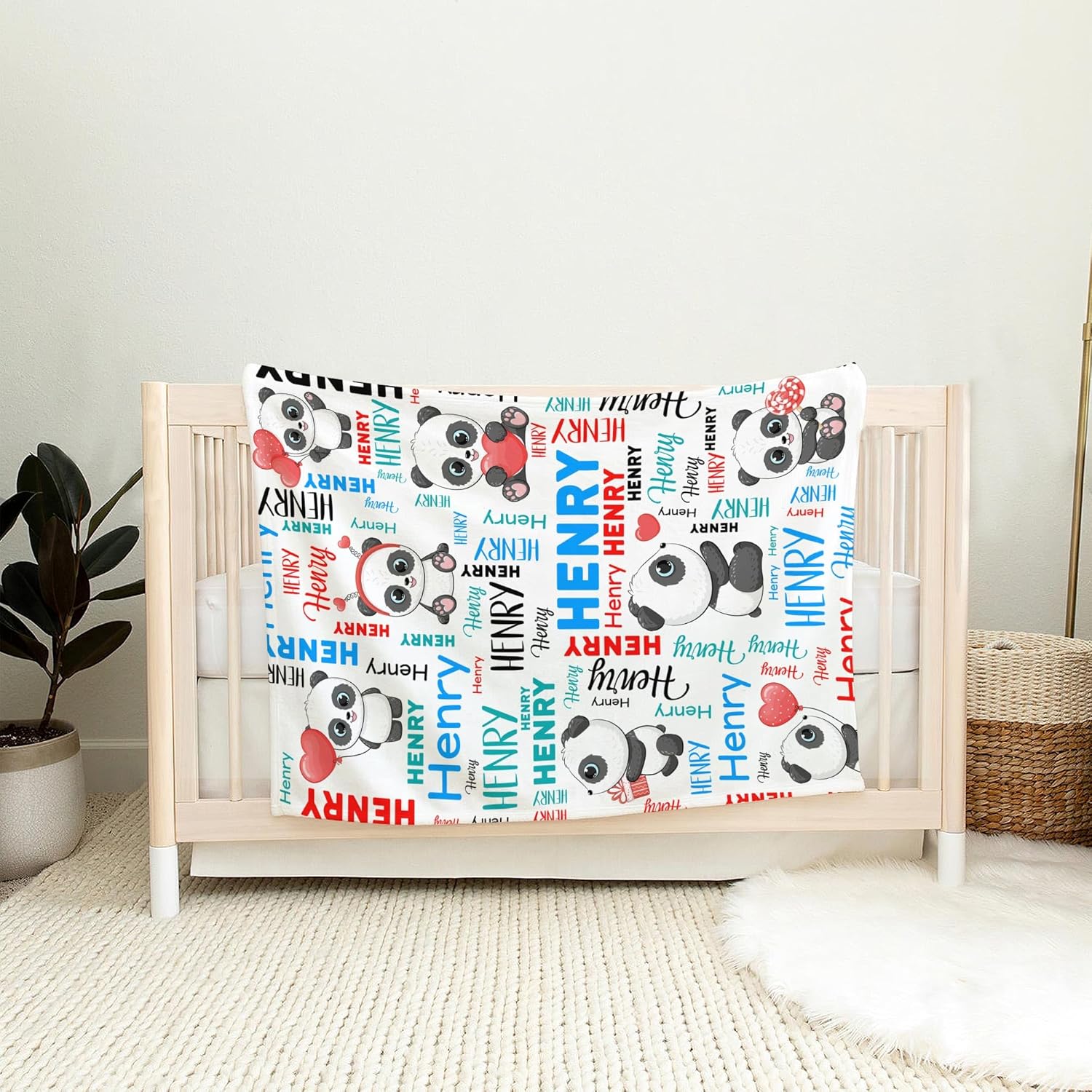 Personalized Adorable Panda Heart Baby Blanket, Adorable Panda Heart Custom Throw, Soft Plush Name Swaddle, Red & Blue Nursery Bedding, Cozy Fleece Newborn Gift, Unique Name Reveal Accessory