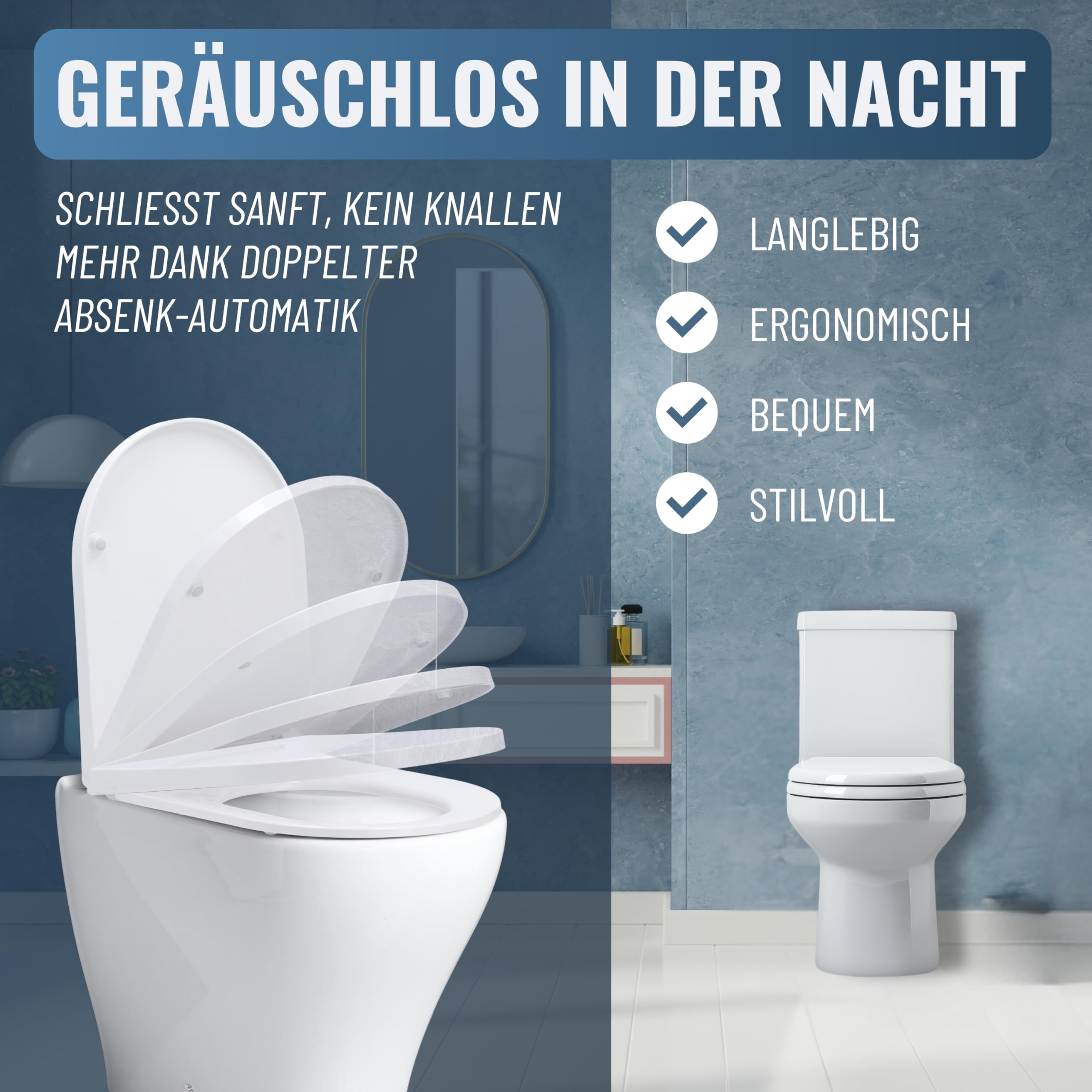 MEISTERWERK Toilettendeckel mit Absenkautomatik - WC Sitz mit 99,9% Antibakterieller Oberfläche - Toilettensitz mit Quick Release & Softclose Funktion Klodeckel - D-Form (Weiß)