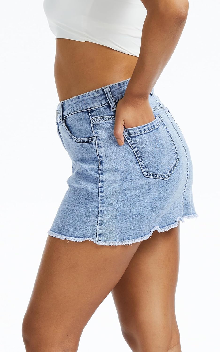 YOCUR Women Denim Skirt Casual Stretchy Middle Waisted Denim Skirt Tassel Hem Button Zipper Pocket Mini Jean Skirts - Image 5