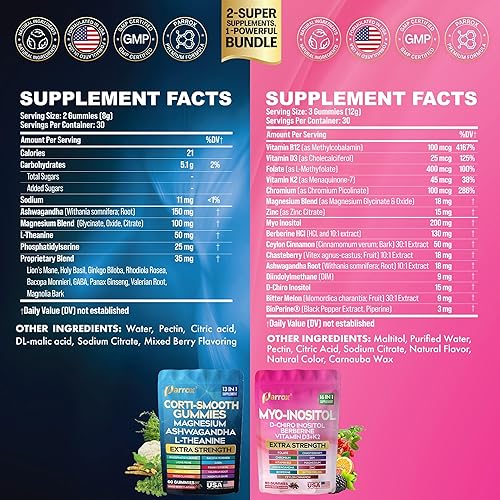 Miniatura 2 de Paquete de gomitas calmantes y lisas suplemento de cortisol y mio-inositol con D-Chiro inositol, berberina, magenesio, ashwagandha, L-teanina,