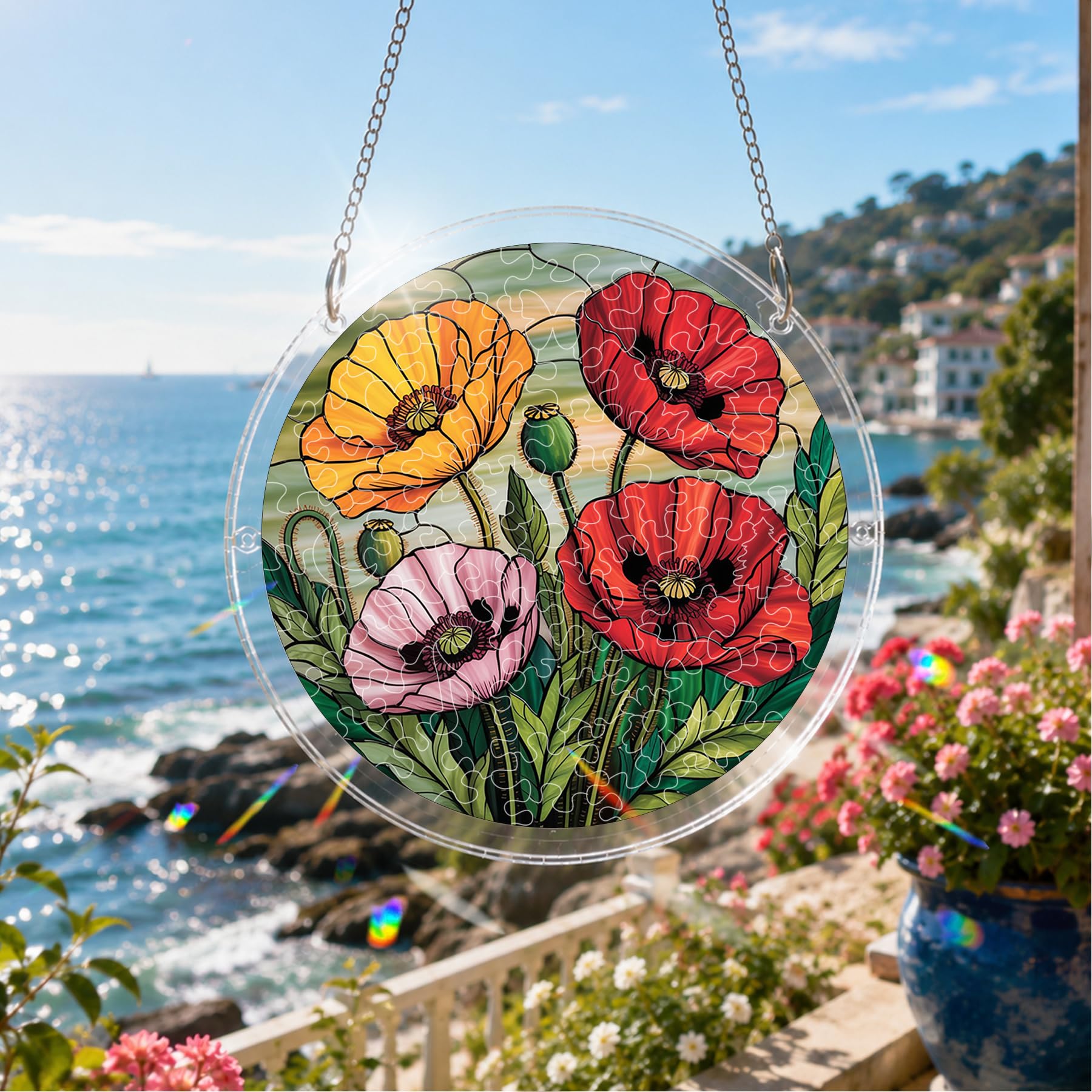 Poppy Acrylic Puzzle Suncatcher Window Hanging, 83 Piece Colorful Stained-Glass-Style Sun Catcher Decor, 18 cm with Stainless Steel Hanging Chain for Window, Door, Home &Garden Decor, Gift-44