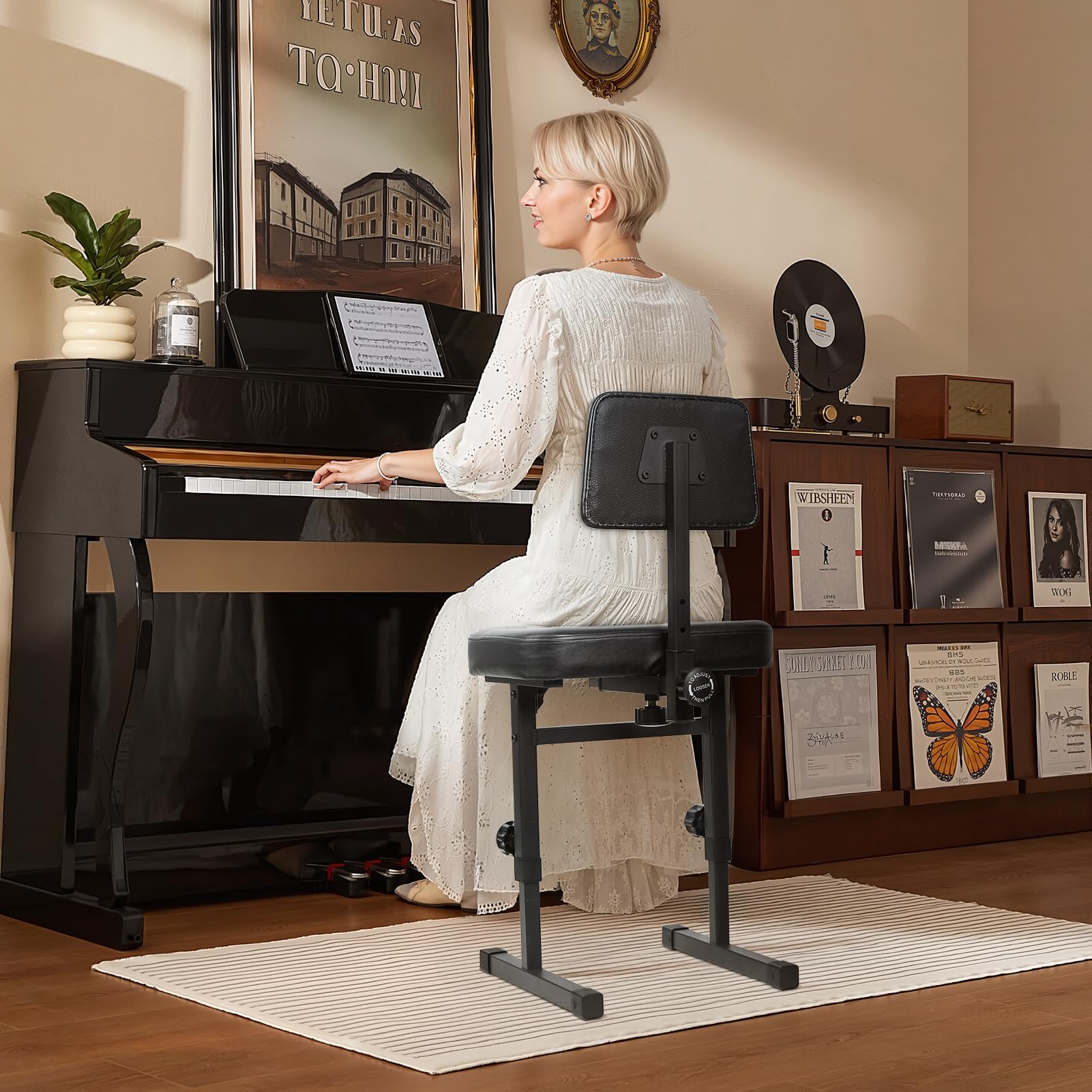 Klavierbank Verstellbarer Hocker - Musik Keyboard Bank Sitz mit Rückenlehne, Höhenverstellbar 45.0 cm-57.0 cm, Musiker Klavierhocker Stuhl für Klavier Keyboard Ständer (Schwarz)