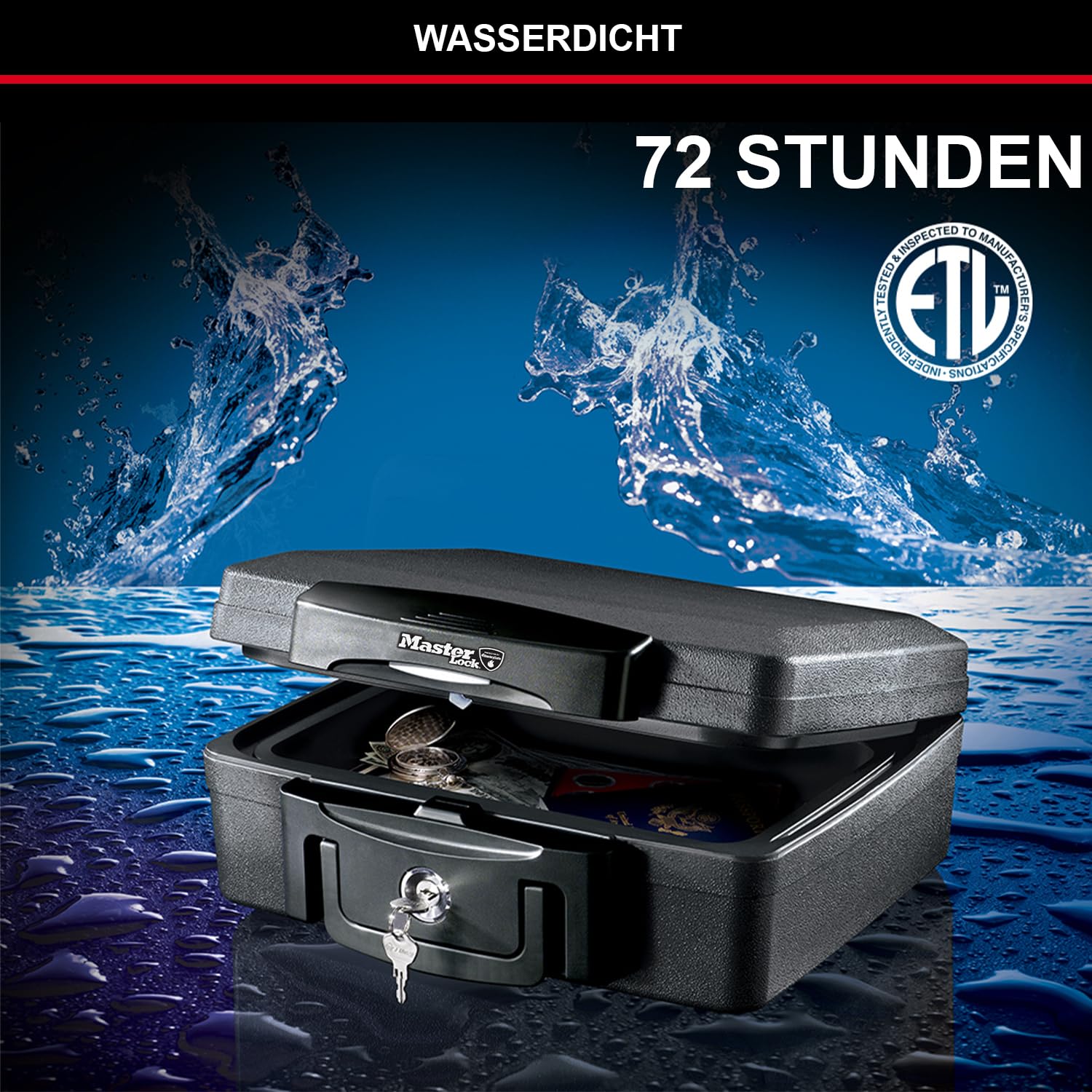 Master Lock Tresor Feuerfest und Wasserdicht mit Schlüssel, Dreifacher Schutz - Flug, Feuer und Flut, 4.9L, 15.6 x 36.2 x 33 cm