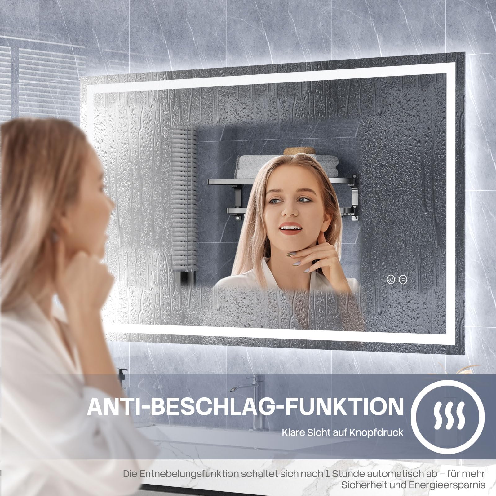 HySail Badspiegel mit Beleuchtung, 5mm Hochauflösender Silber-Spiegel, 3 Farbtemperaturen & Dimmbare Helligkeit, Wandspiegel mit Touch-Schalter & Anti-Beschlag