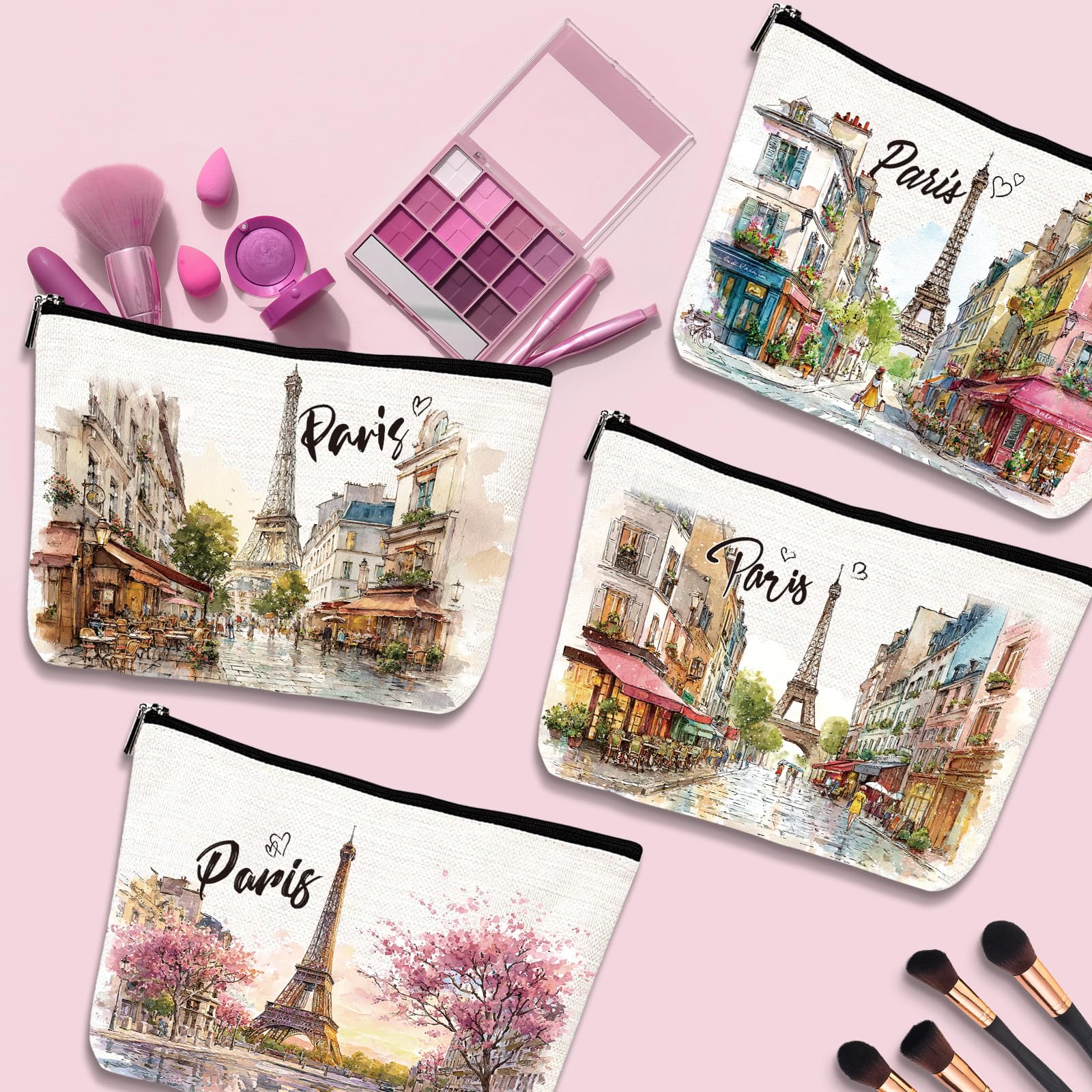 Paris Gifts Travel Essentials - 4Pcs Paris City Travel Makeup Bag, France Eiffel Tower Watercolor Cosmetic Bags with Zipper, Vacation Trip Pouch Souvenirs Gifts for Travellers Women Girls