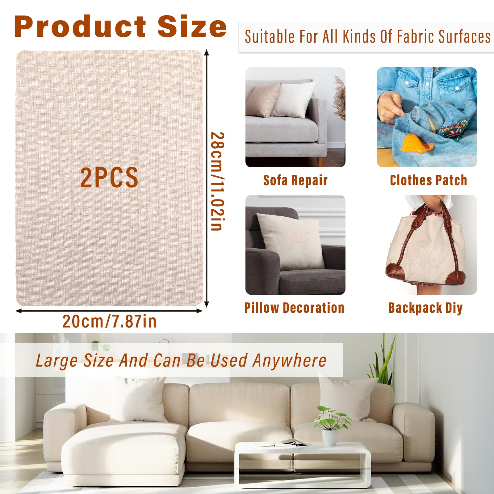 Molain Lot de 2 patchs en tissu autocollant - 28 x 20 cm - Pour sièges de voiture, rideau, têtes de lit, meubles, canapé (beige