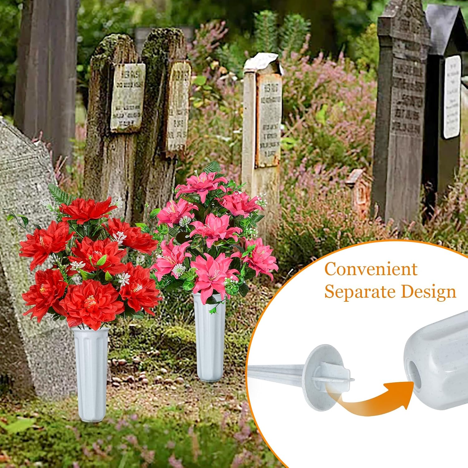 XONOR Artificial Cemetery Flowers, Artificial Grave Memorial Flowers with Vase for Cemetery Graveyard Decoration (Red Flowers Bouquets, Set of 4) - Image 4