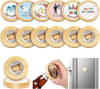 Vesici 12 Pcs 2 in 1 Sublimation Blank Magnetic Bottle Opener 2.5 Inch DIY Bamboo Round Fridge Magnetic Beer Opener Wooden Heat Transfer Print Cap Openers for Kitchen Bar Restaurant Wedding Gift