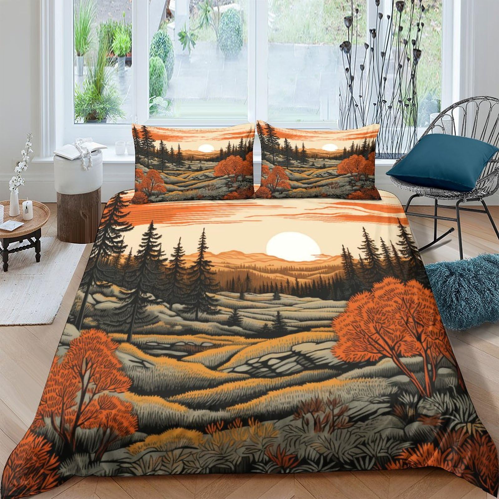 Housse de couette épicéa impression 3D paysage automnal parure microfibre