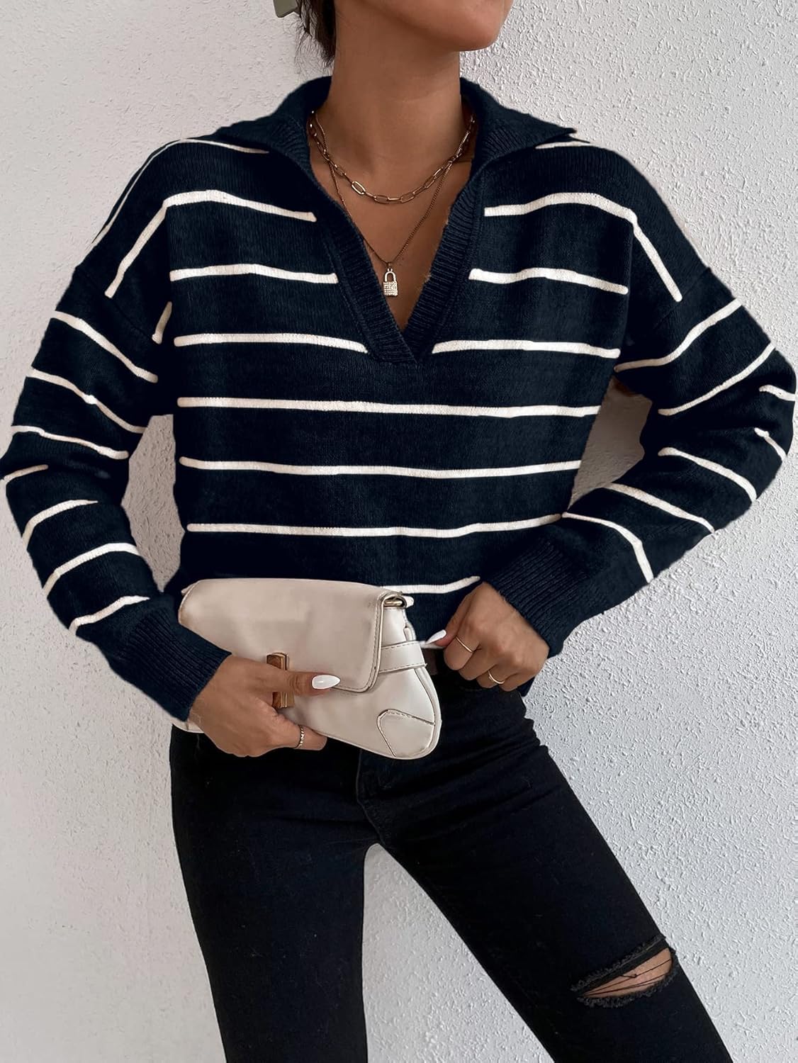 Sweater Womens Sweater Striped Notched Drop Shoulder Sweater (Color : Navy Blue, Size : Large)