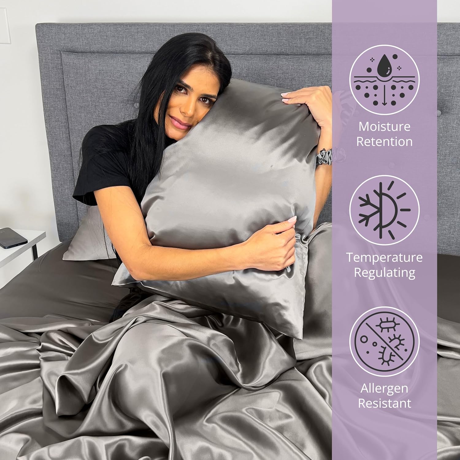 Mulberry Park Silks - 22 Momme 100% Mulberry Silk Sheets - Queen Size Bed Set - 16" Pocket - Luxurious Bed Sheets & Pillowcases, Skin-Friendly & Breathable - Charmeuse Silk for Hair Care - Gunmetal
