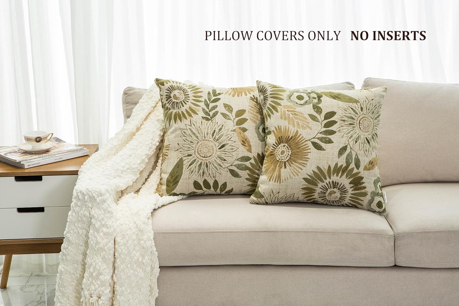 Mika Home Pack of 2 Decorative Throw Pillows Cases Cushion Cover for Sofa Couch Bed,Sunflower Pattern,20x20 Inches,Green Cream