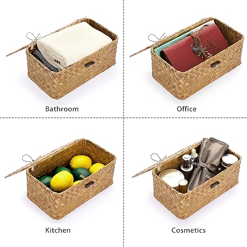 Miniatura 7 de Hipiwe Cestas de mimbre con tapa, cesta de pastos marinos tejida a mano, cestas rectangulares para el hogar, cajas para estantes, armario,