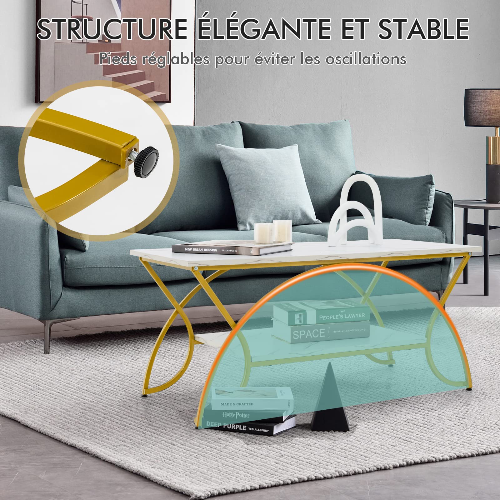 GOPLUS Table Basse Marbre Faux, Table Basse Salon Réglable en Métal et avec Rangement, Chambre, Bureau, Charge 70 KG, 100x50x45CM(Blanc+Doré)