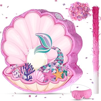 Faccito Seashell Mermaid Pinatas for Birthday Party Girl, Sea Theme Pinata with Stick, Blindfold for Mermaid Birthday Decorations SuppliesPearl