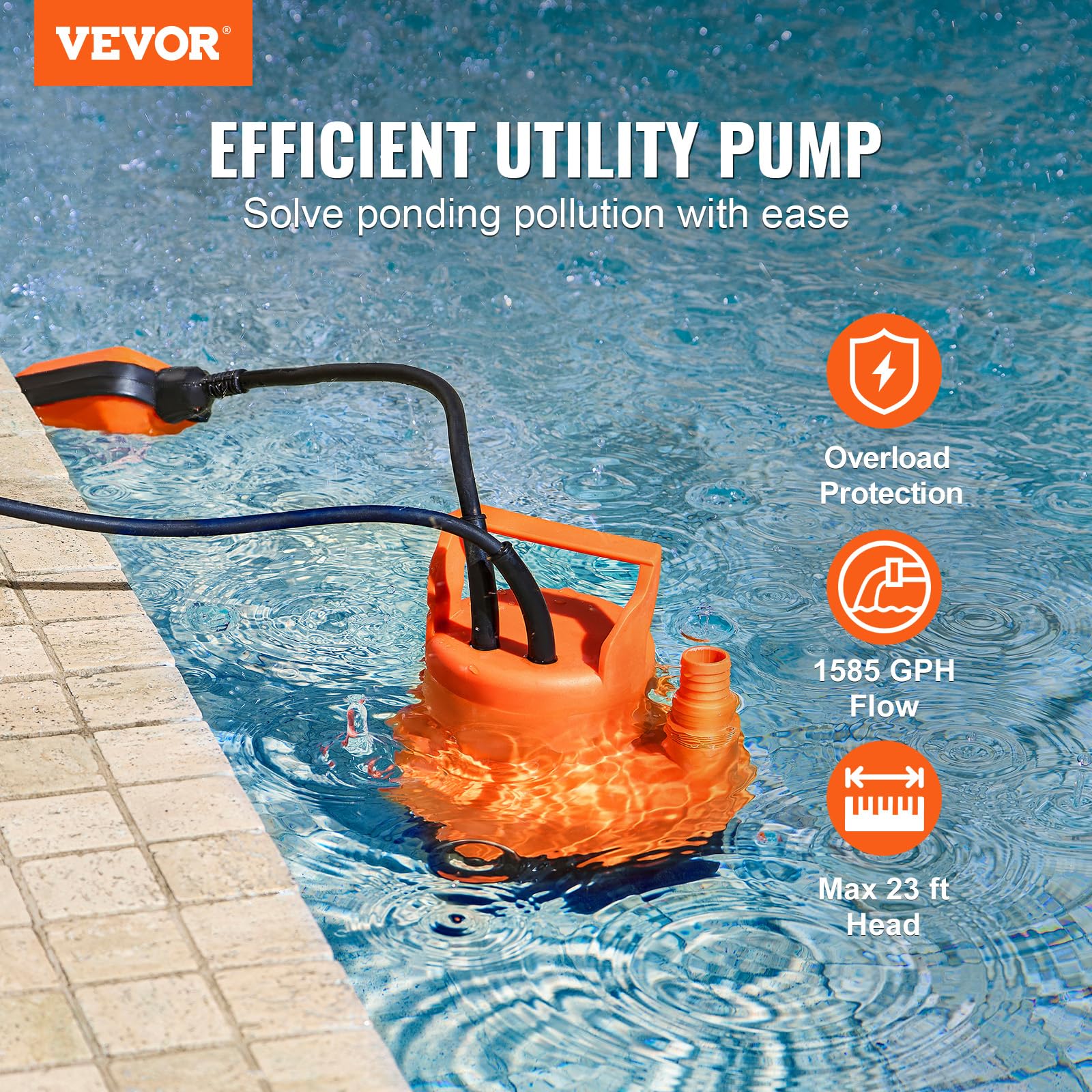 VEVOR Pompe utilitaire, 320 W, pompe à eau submersible portable, 6000 L/H de haut débit, hauteur de levage 7 m, avec cordon d'alimentation 3 m pour drainer l'eau de la piscine, du jardin, du sous-sol