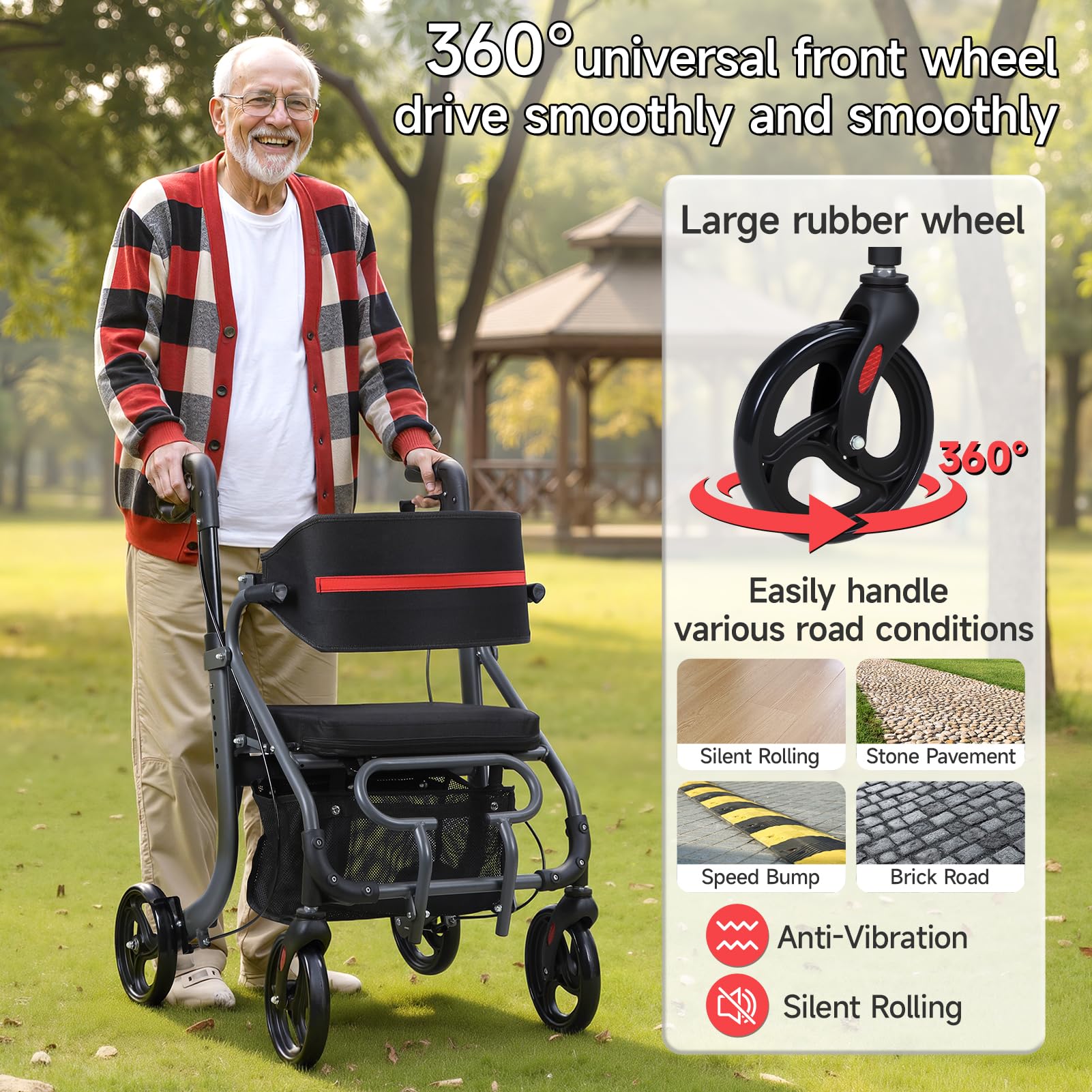 Składany chodzik dla seniorów, chodzik Walker z siedziskiem, torbą do przechowywania i gumowymi kółkami 8", nośność 100 kg, lekki chodzik dla seniorów (czarny)