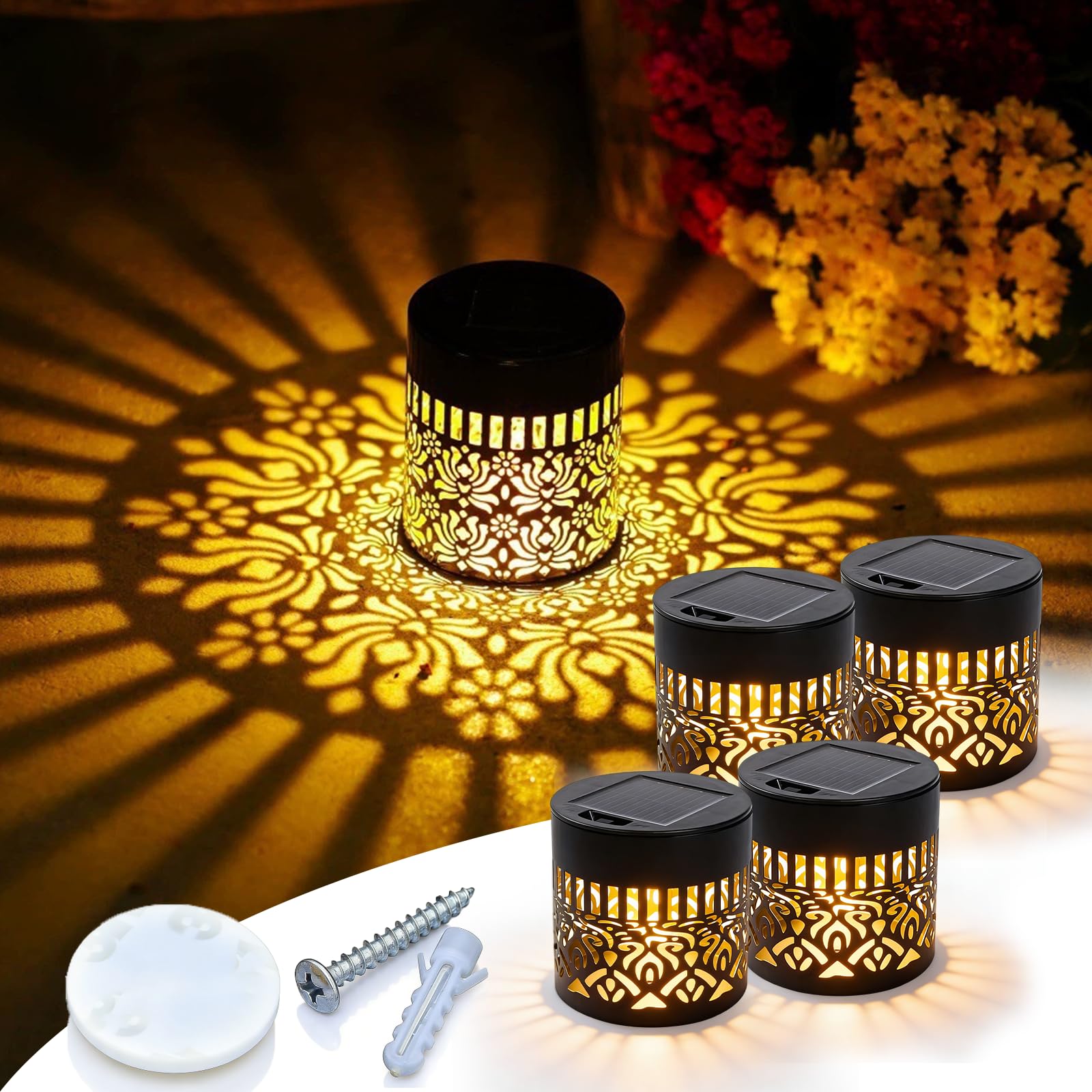 Pealeaf Luci solari mandala decorative, lampade esterne in metallo per terrazza, gradini, muro, recinzione, giardino e vialetto, impermeabili (4PCS)