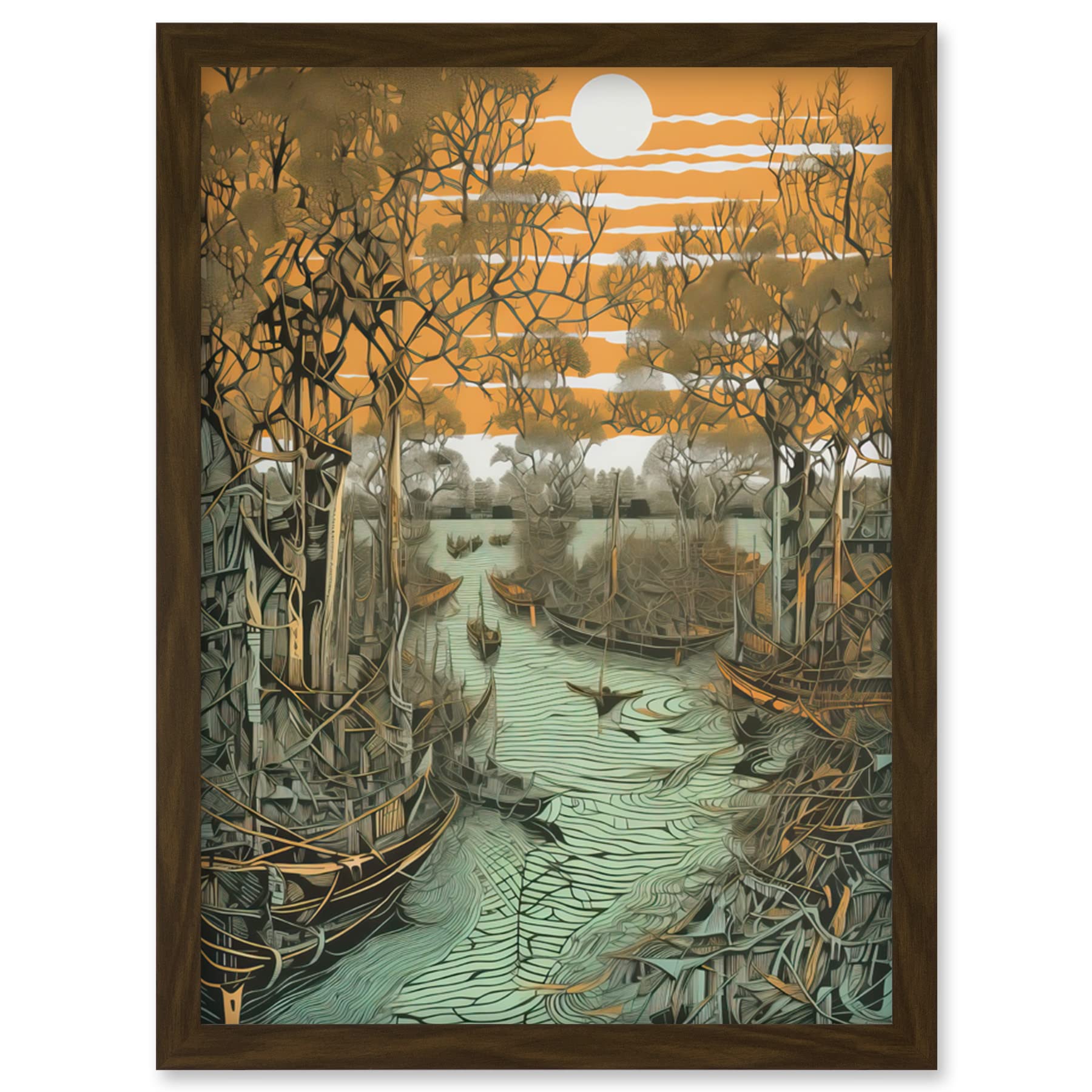Artery8 Mangrove Forest Swamp Landscape Linocut Style Artwork Framed Wall Art Print A4