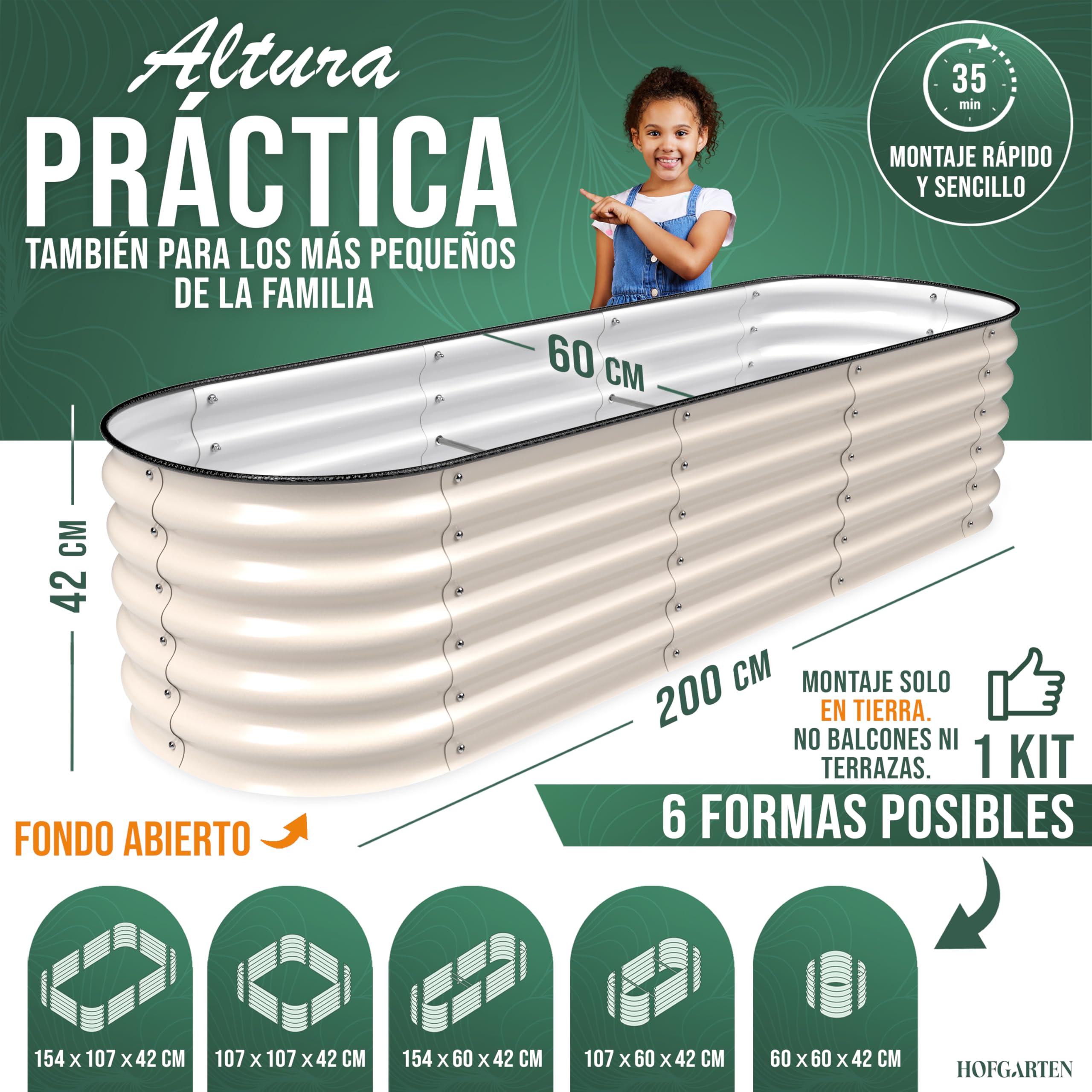 HOFGARTEN 200x60x42 cm Huerto Elevado Modular 6 en 1 de jardín, bancal Elevado de Metal con Base Abierta para Colocar sobre la Tierra, protección anticorrosión y Alta Estabilidad (Beige)