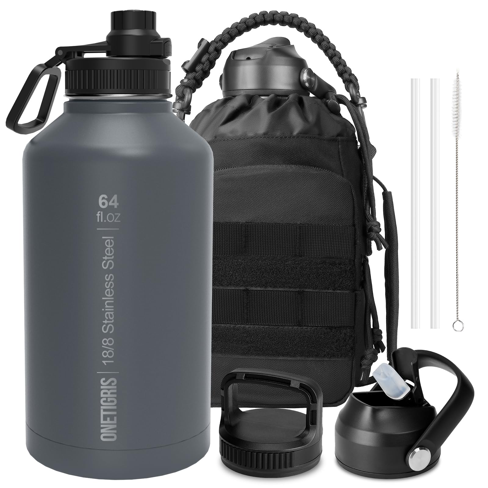OneTigris 2 Litre Insulated Water Bottle Stainless Steel Water Jug with Straw, Leak Proof Flask with 3 Lids, Portable Pouch for Thermos Cup Outdoor Sport Gym, 64OZ, Grey