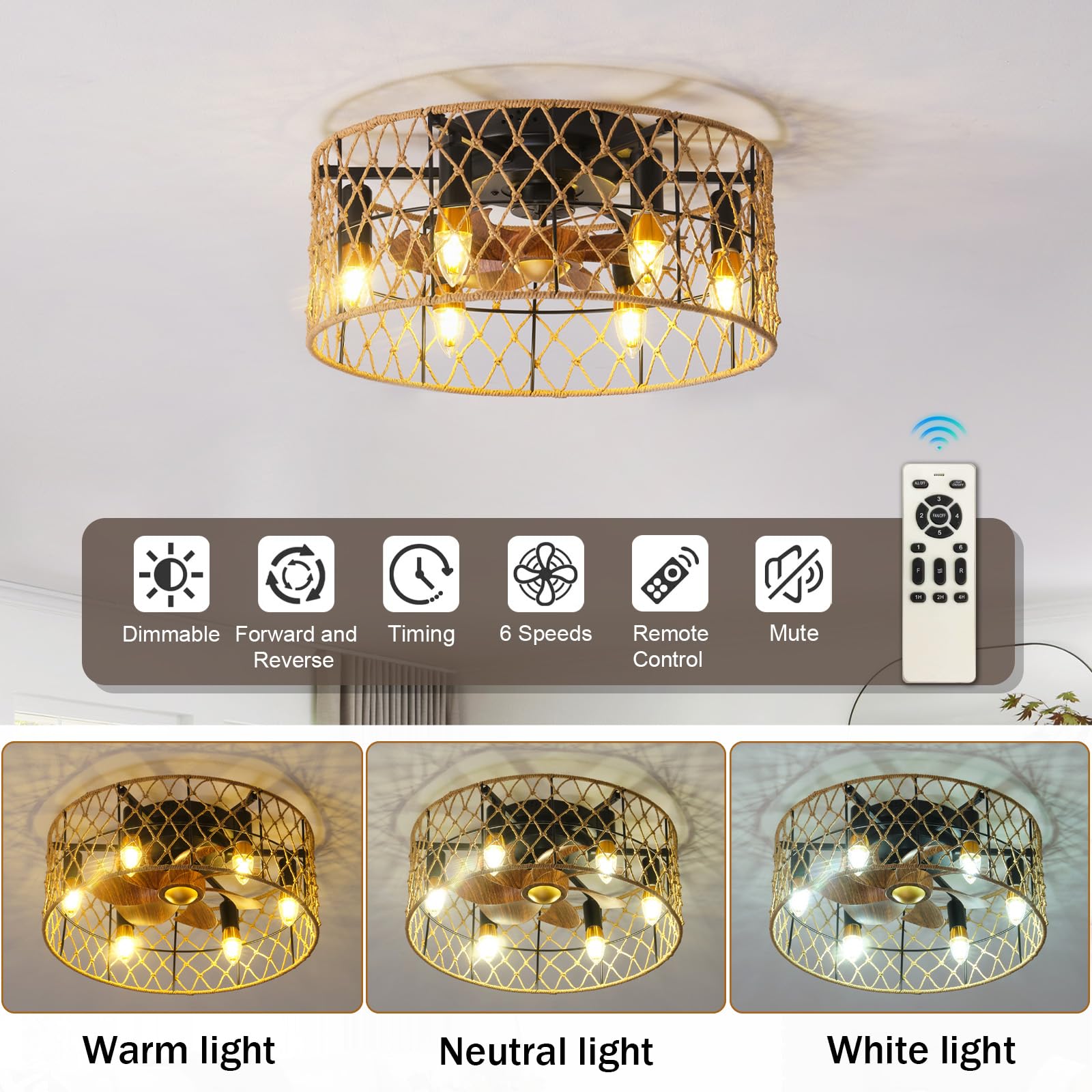 50 CM Ventola Da Soffitto Retrò Con Lampada, Corda Di Canapa Gabbia Agriturismo Lampadario Con Ventilatore Da Soffitto, DC Reversibile 6 Velocità Ventilatore Da Soffitto Con Luce E Telecomando-B