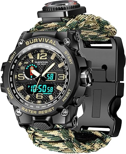 Miniatura 8 de 23-in-1 Military Tactical Watch for Men, Multifunctional Outdoors Waterproof Survival Watches with Compass Whistle Fire Starter and Thermometer,