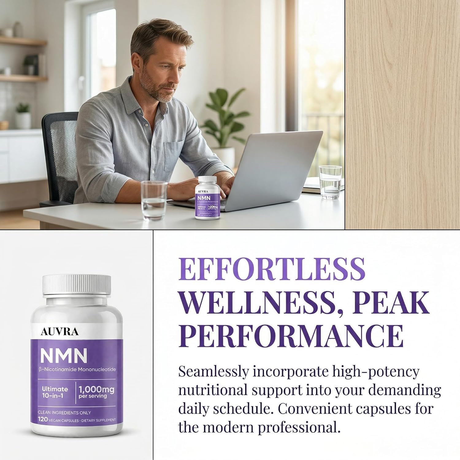 Auvra NMN 10 in 1 Capsules - 1000mg Per Serving, Cellular Energy & Daily Vitality Supplement with NAD+, TMG & Nutrient Blend, Wellness Support Capsules, Dietary Supplement - 120 Capsules