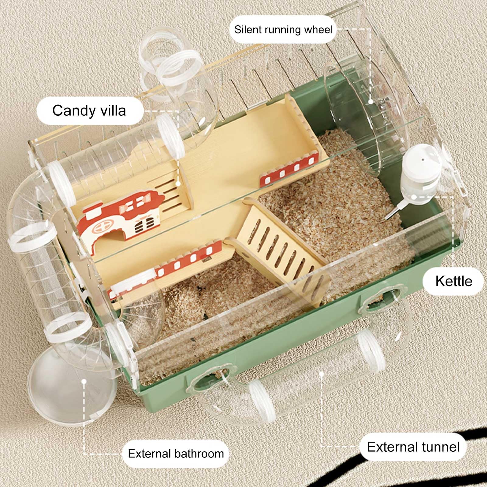 Gabbia per Criceti con Tubi e Tunnel, Gabbia per Piccoli Animali, Cage Rat, Gabbia per Topi con Ruota per Esercizi, Bottiglia d'Acqua, Ciotola per Cibo, Habitat per Criceti(Green)