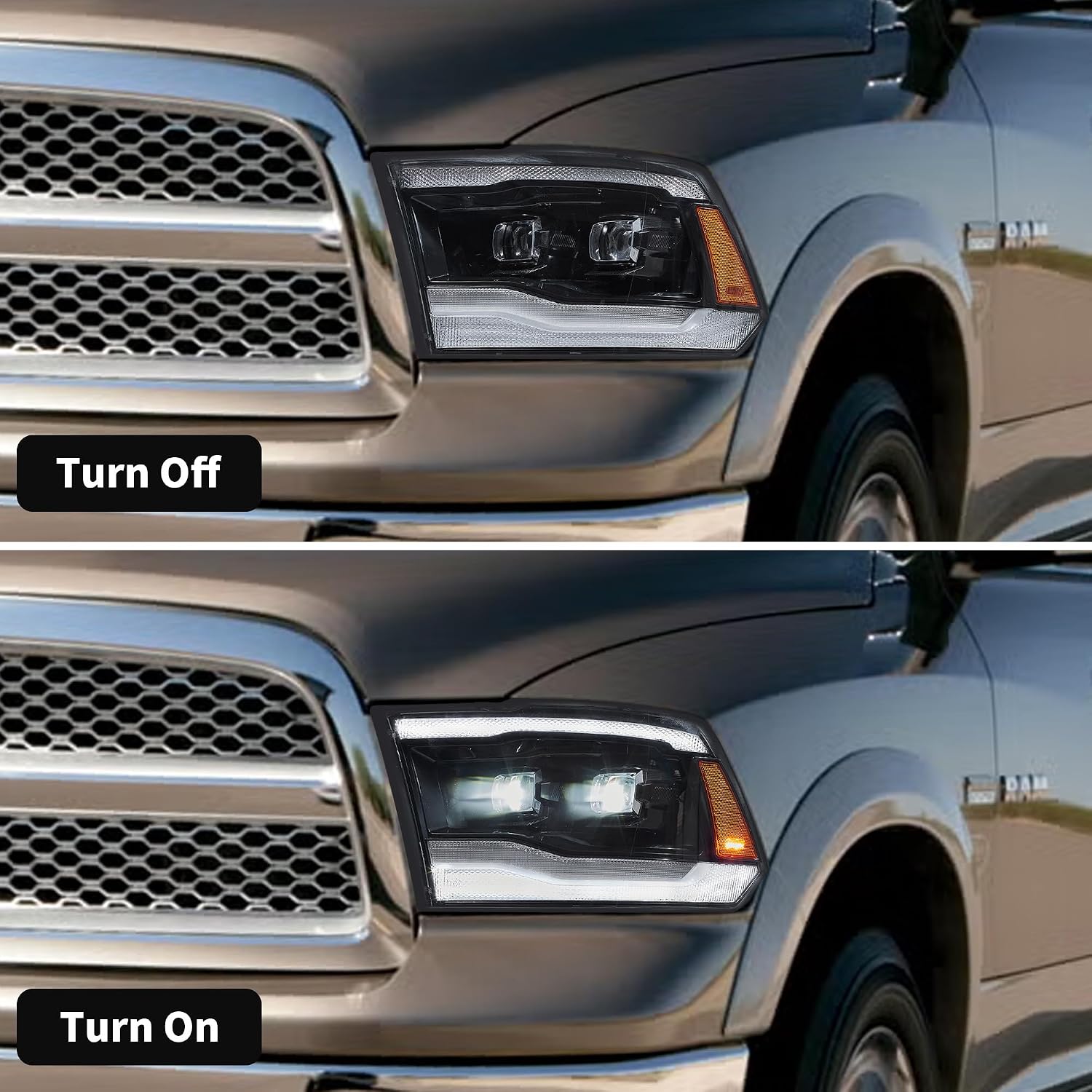 VLAND LED Dual Beam Projector Headlights For 2009-2018 Dodge RAM 1500/2500 / 3500 & 2019-2021 RAM 1500 Classic, W/Dynamic Startup Animation, Amber Reflecor