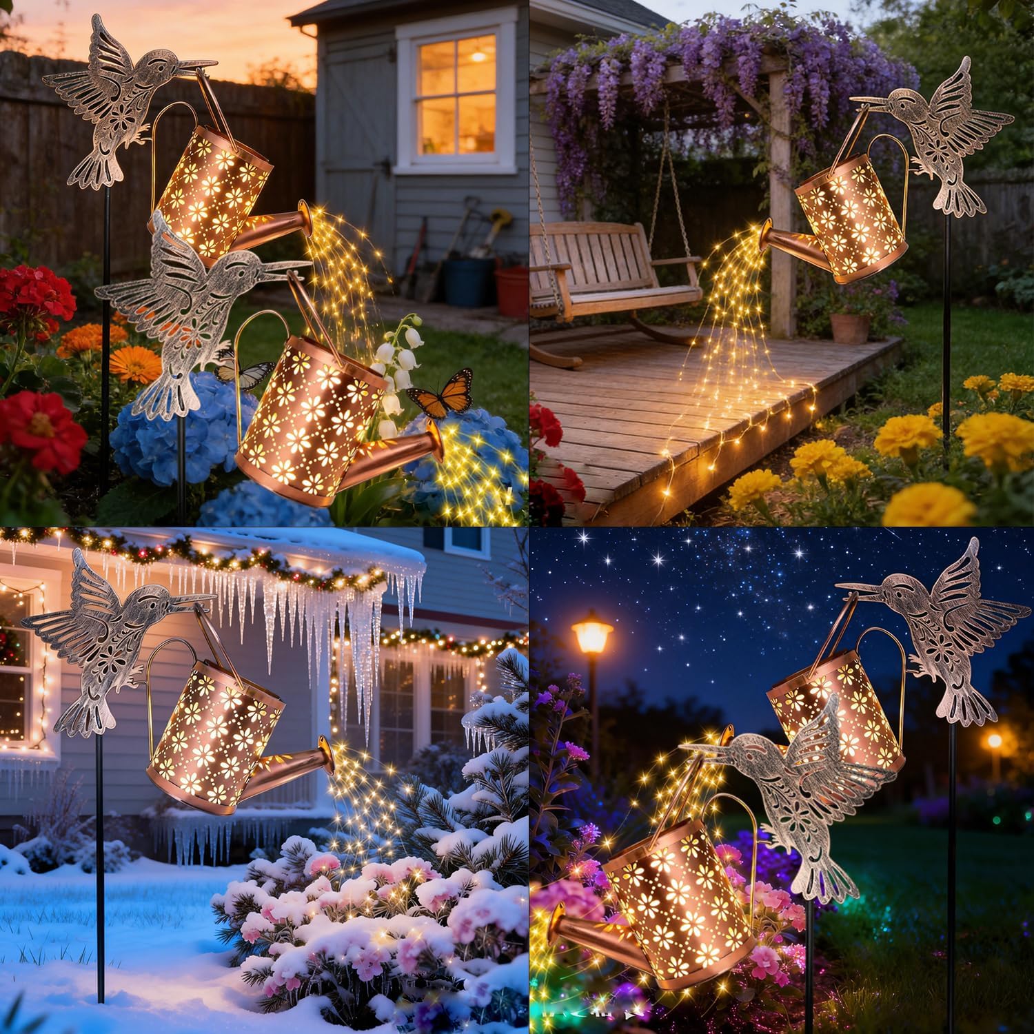 Solar Watering Can with Cascading Lights Outdoor Garden Decor, Bronze Hummingbird Gardening Gifts for Women Mom Grandma Birthday, Solar Lights for Garden Decorations Patio Yard Lawn Backyard
