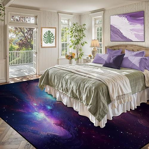 Miniatura 8 de Alfombra de área Galaxy para dormitorio, sala de estar para niñas, niños, alfombra grande de nebulosa vórtice, alfombra de suelo de nube morada y
