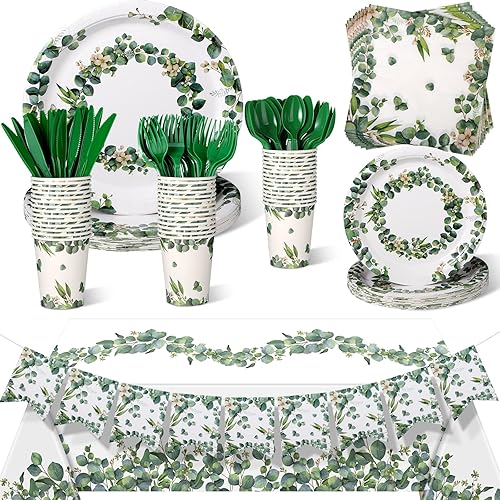 171 piezas de suministros de fiesta verde salvia decoraciones de baby shower juego de vajilla de eucalipto platos desechables servilletas vasos