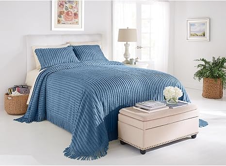 BrylaneHome Oversized Extra Wide Cotton Chenille Bedspread with Fringed Hems - Twin, Antique Blue