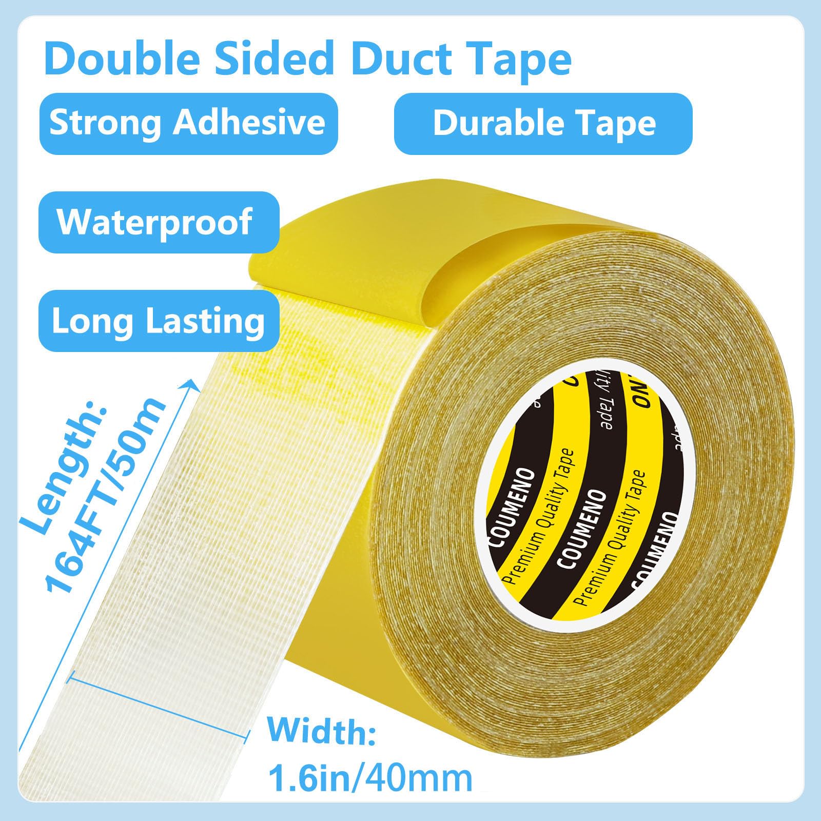 Ruban adhésif double face robuste de 4,1 cm x 50 m pour fixer, coller, épisser, facile à déchirer à la main, idéal pour la maison, l'industrie et le bureau