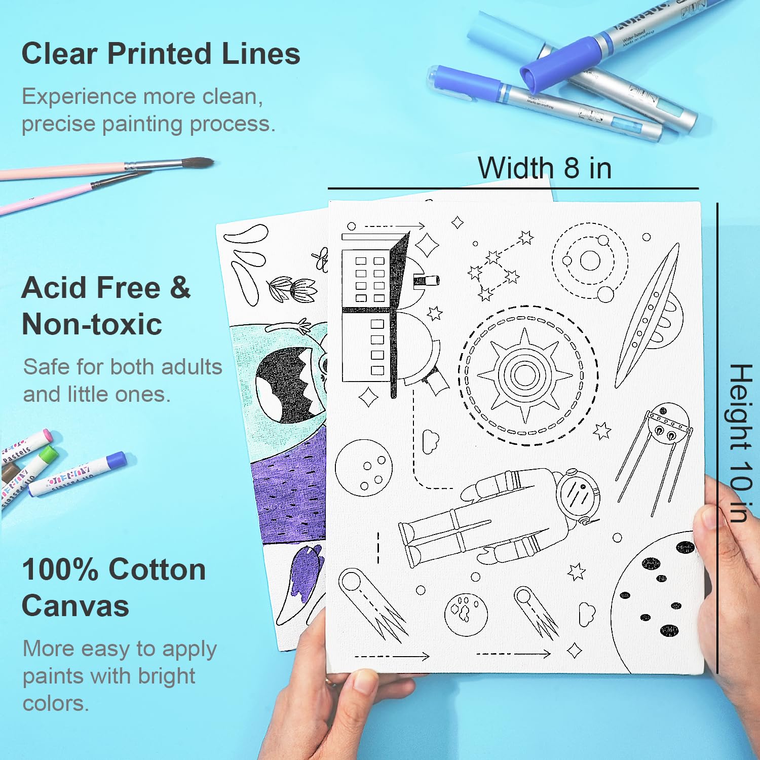 AUREUO 12 Pc Pre Drawn Canvas for Kids - 8x10 Inch Preprinted Canvas Boards for Painting with Design - Stenciled Canvas Panels for Oil Acrylic Tempera Paints