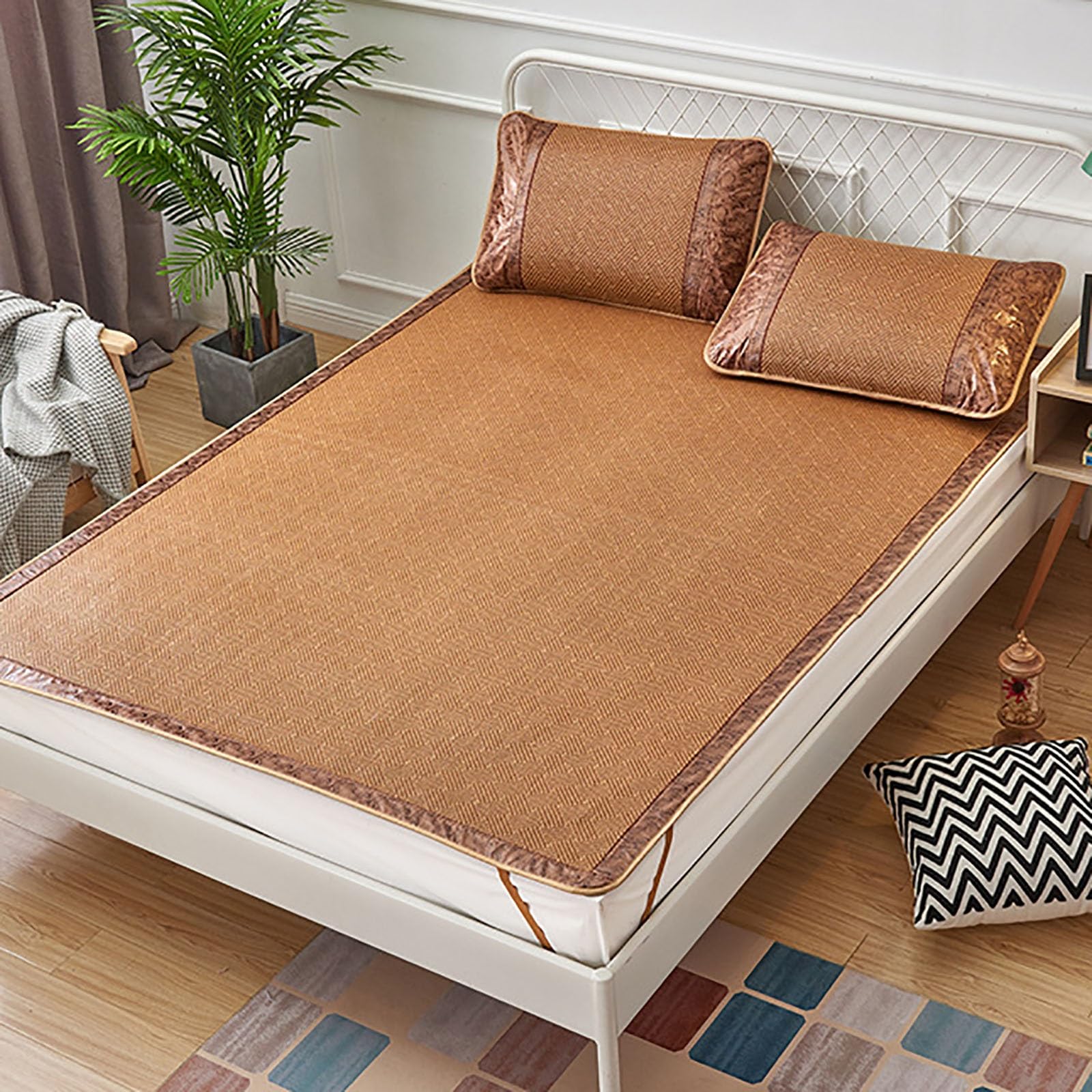 Summer Bamboo Sleeping mat, Foldable Double Sided Bamboo mat for bed, Home Quick Cooling Textile Rattan Mat Grid Fitted Sheet Set Summer Bed Cover, Various Specifications(Color B,120 * 195cm)