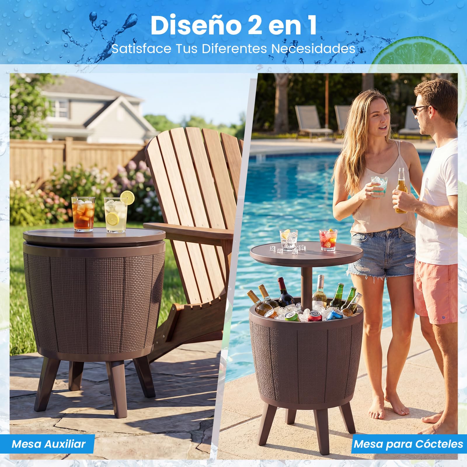 COSTWAY 2 en 1 Mesa Nevera para Jardín, 30 L, Cool Bar para Cerveza y Vino con Tapa Elevable y Tapón de Drenaje, Mesa Auxiliar, Mobiliario Patio, Mesa Cóctel para Piscina, Terraza y Camping (Marrón)