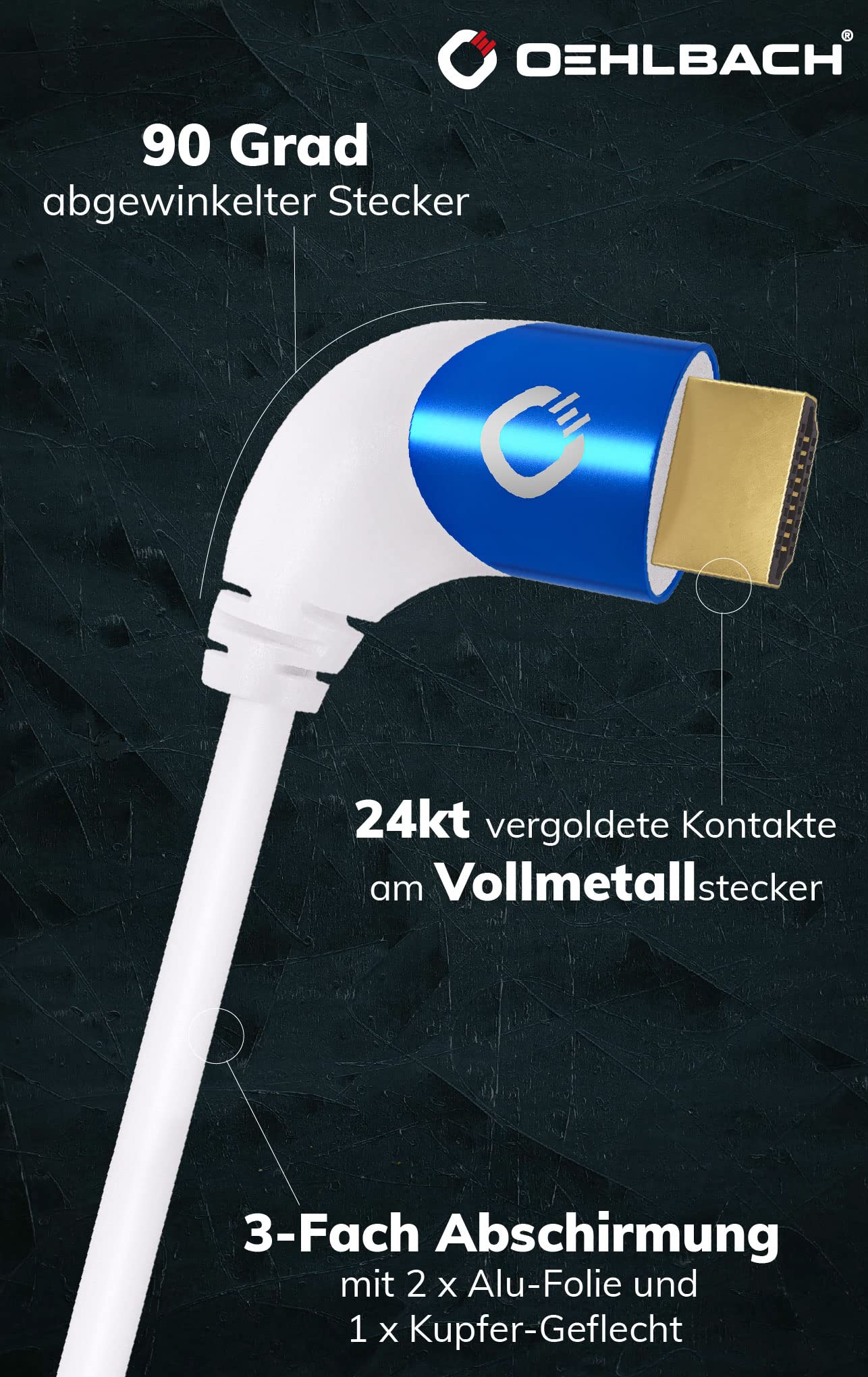 OEHLBACH Shape Magic 90 UHD - Cable HDMI 8K Ultra High Speed 2.1 - Certificado 48 Gbps (conector en ángulo de 90 grados, cobre OFC, 4 K @ 120 Hz, 8 K @ 60 Hz, eARC, HDR) dinámico, color blanco - 3 m