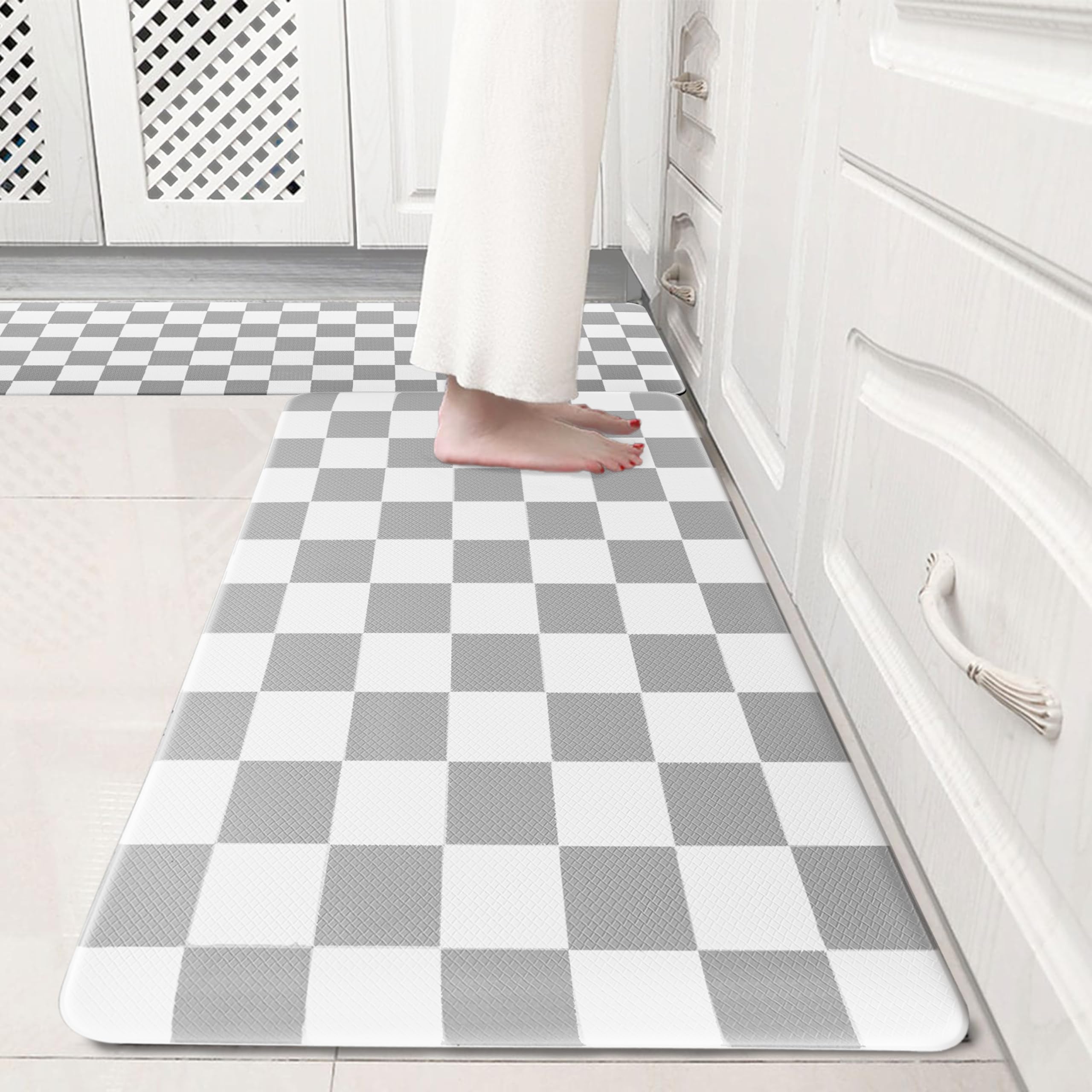 VivaNest Grey Checkered Grid Checkerboard Kitchen Rug Sets [2 PCs], Anti-Fatigue, Waterproof Non-Slip Kitchen Mats Heavy Duty Ergonomic Comfort Foam