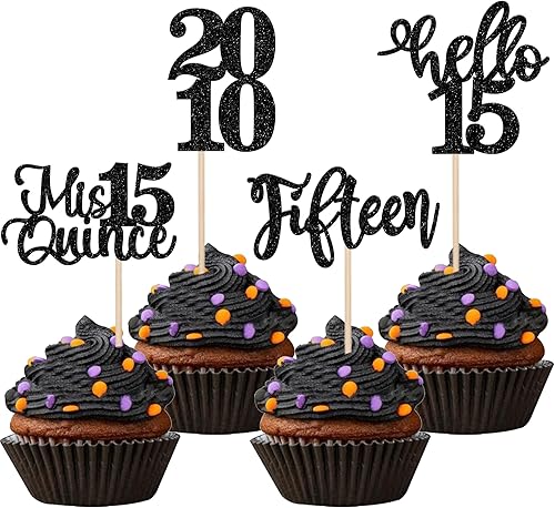 24 piezas de adornos negros para cupcakes de cumpleaños 15 con purpurina Hello 15, decoración para cupcakes Mis Quince Since 2010 para cumpleaños,