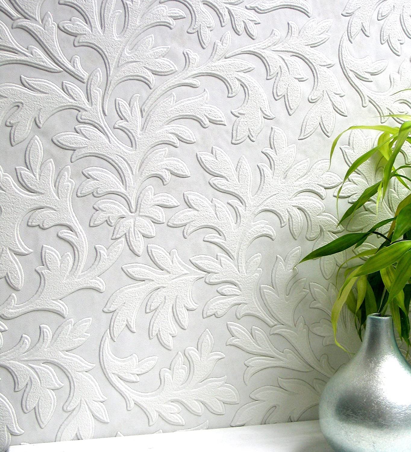 GAULAN 123184 - Papel pintado repintable vinílico lavable volutas blancas con textura alto relieve para pared salón cocina baño pasillo comedor - Rollo de 10 m x 0,53 m
