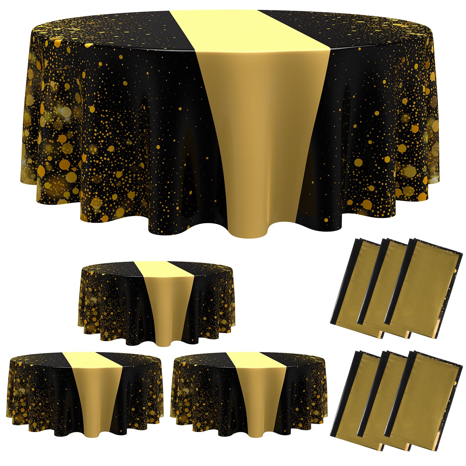 Remagr 6 Pcs Black and Gold 84Inch Round Plastic Tablecloth Disposable