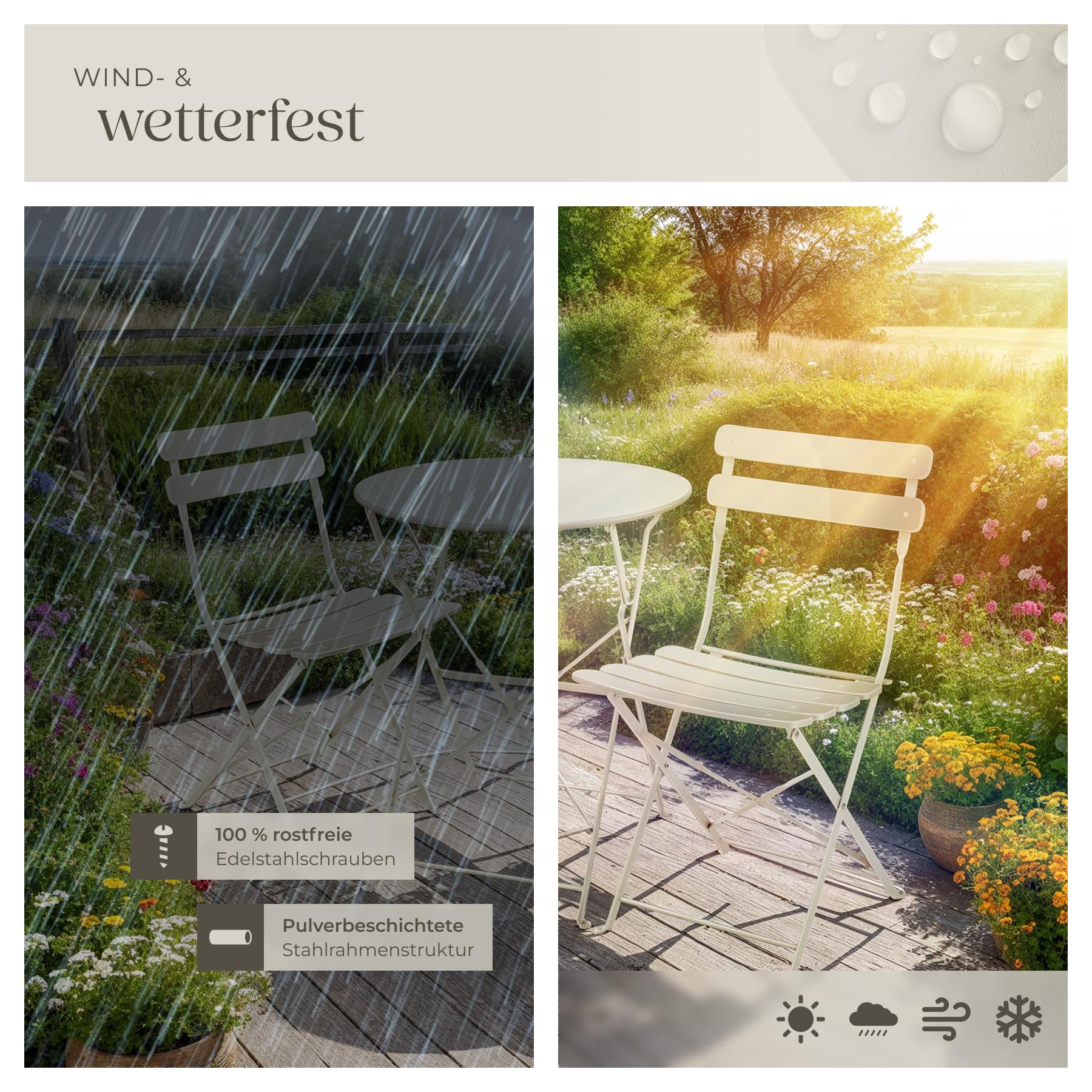 tectake® Gartenmöbel Bistro Set aus Gartentisch mit Stühlen, Balkonmöbel Kleiner Balkon, Klapptisch mit 2X Gartenstuhl, Outdoor Sitzgruppe mit Balkontisch, wetterfest für Garten, Balkon (Creme)