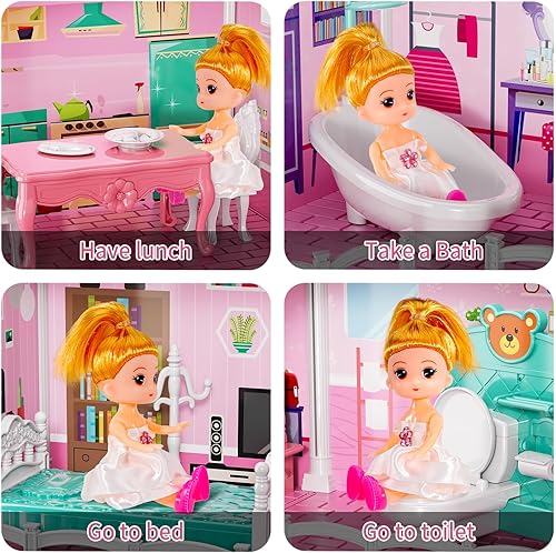 Miniatura 6 de TEMI Villa Toys para niñas de 3, 4, 5, 6, 7, 8 años, 4 plantas, 12 habitaciones, juego interior con 2 muñecas, juguetes de muebles y accesorios,