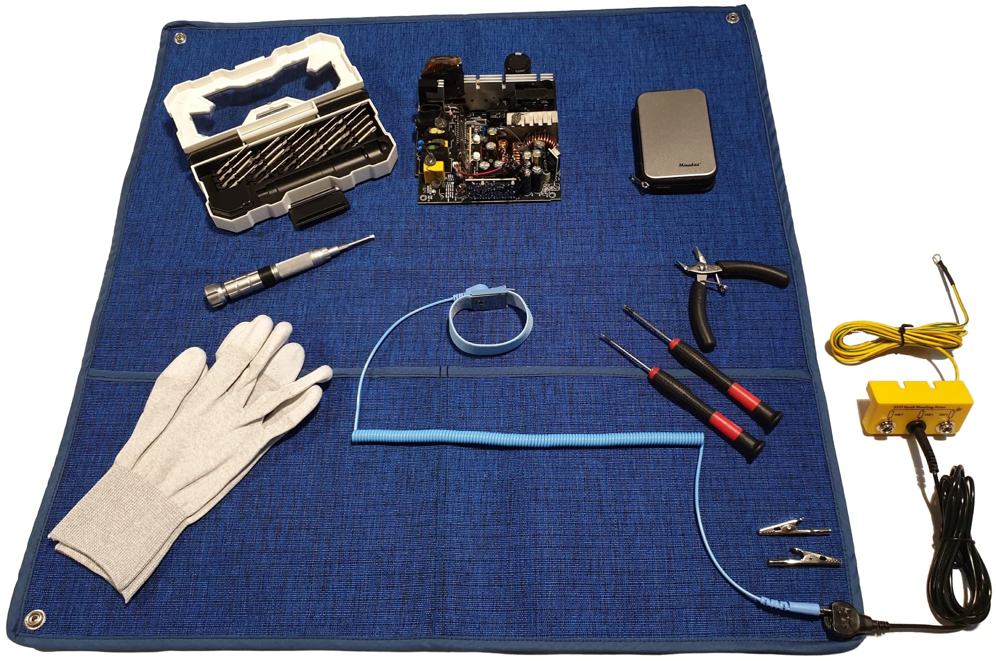 alfombrilla de trabajo antiestática de 60 x 60 cm, tejido ESD antiestático, textil de alta tecnología, sin silicona, juego de manguitos ESD de 2,4 m, caja de toma de tierra, guantes ESD