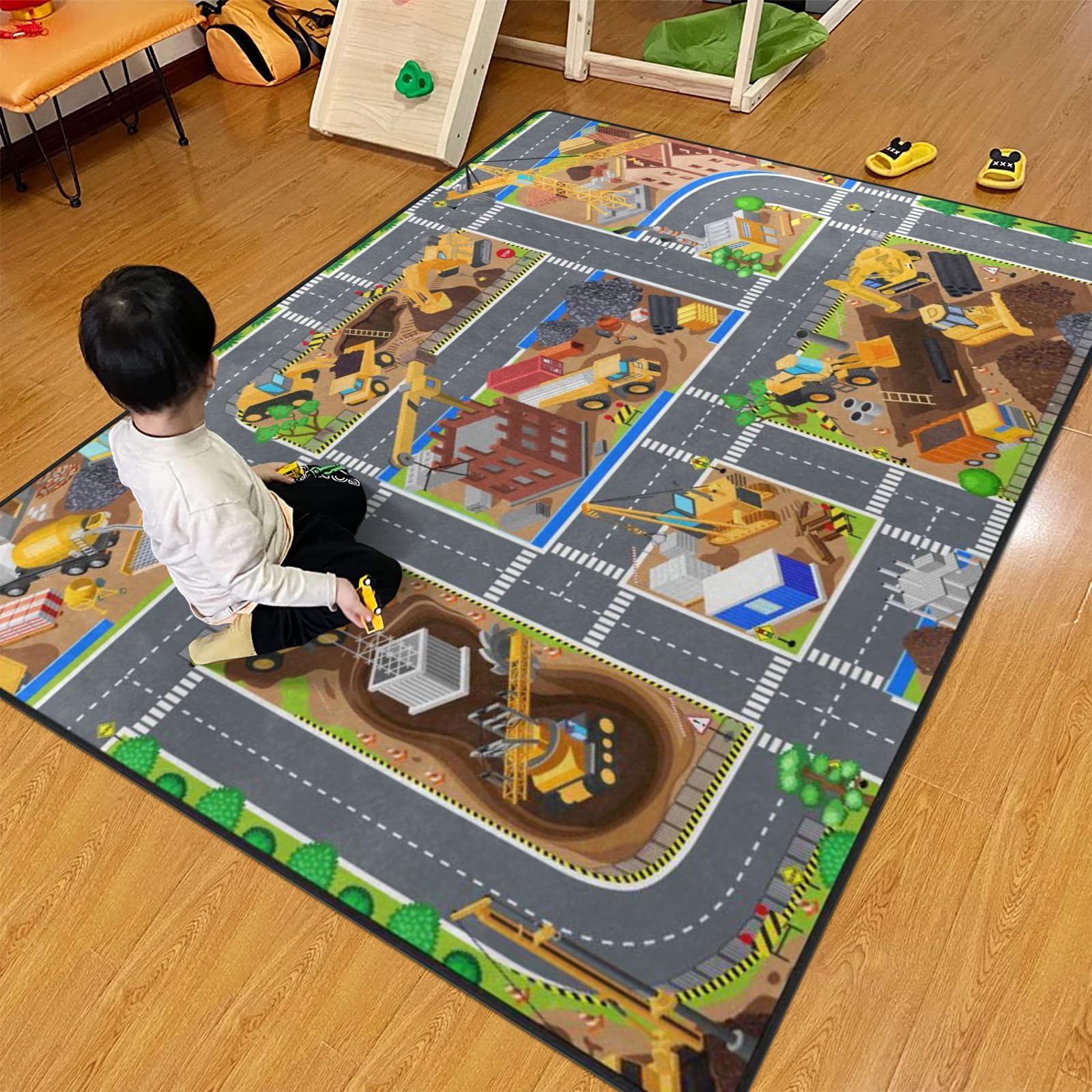 Kids Rug, Construction Site Playmat Rugs - 5x7 Ft Kids Carpet with Rubber Backing, Construction Vehicles Play Mat Nursery Rugs for Children Bedroom Playroom