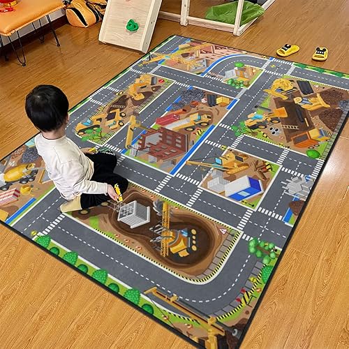 Alfombra para niños, alfombra de juegos para obras de construcción, alfombra de 5 x 7 pies con respaldo de goma, alfombra de juegos de vehículos de