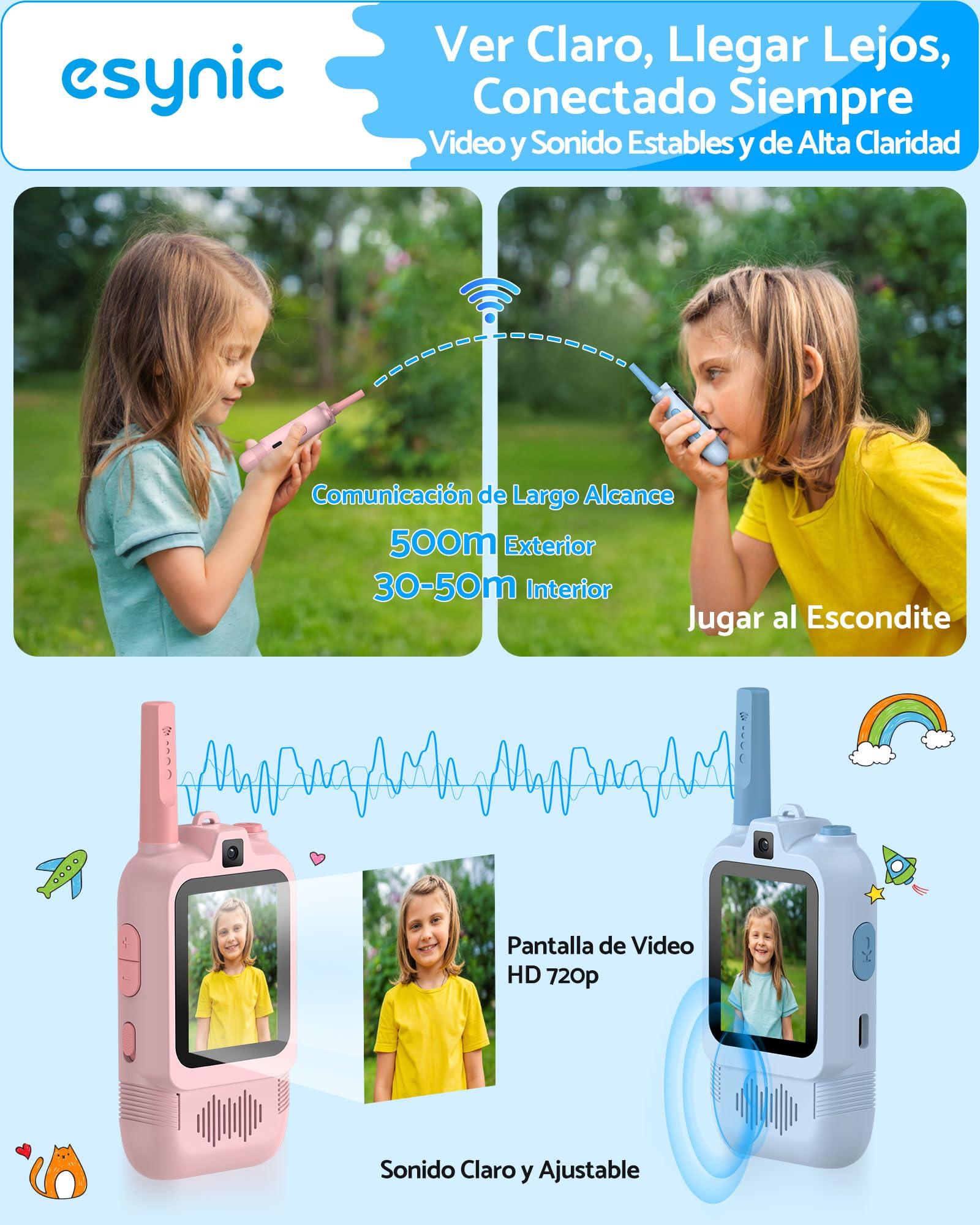 eSynic Walkie Talkies Niños con Cámara Doble Juguete Videollamada Intercomunicador Infantil Recargable Largo Alcance 500 Metros para Exploración Radios Bidireccionales Regalo Cumpleaños Azul Rosa