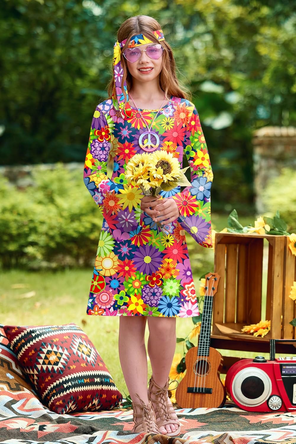 BesserBay Girl's 4 Pcs Halloween 70s Hippie Dress Bell Sleeve Floral Printed Outfit 4-14 Years - Image 4